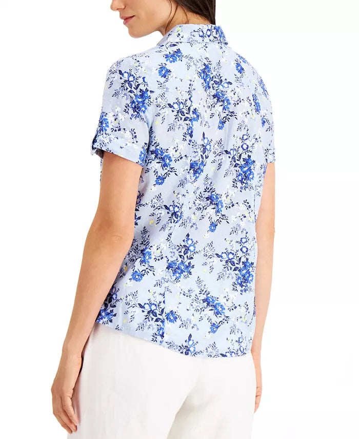 Camisa feminina Karen Scott Petite Tuscan Garden de algodão azul, tamanho pequeno