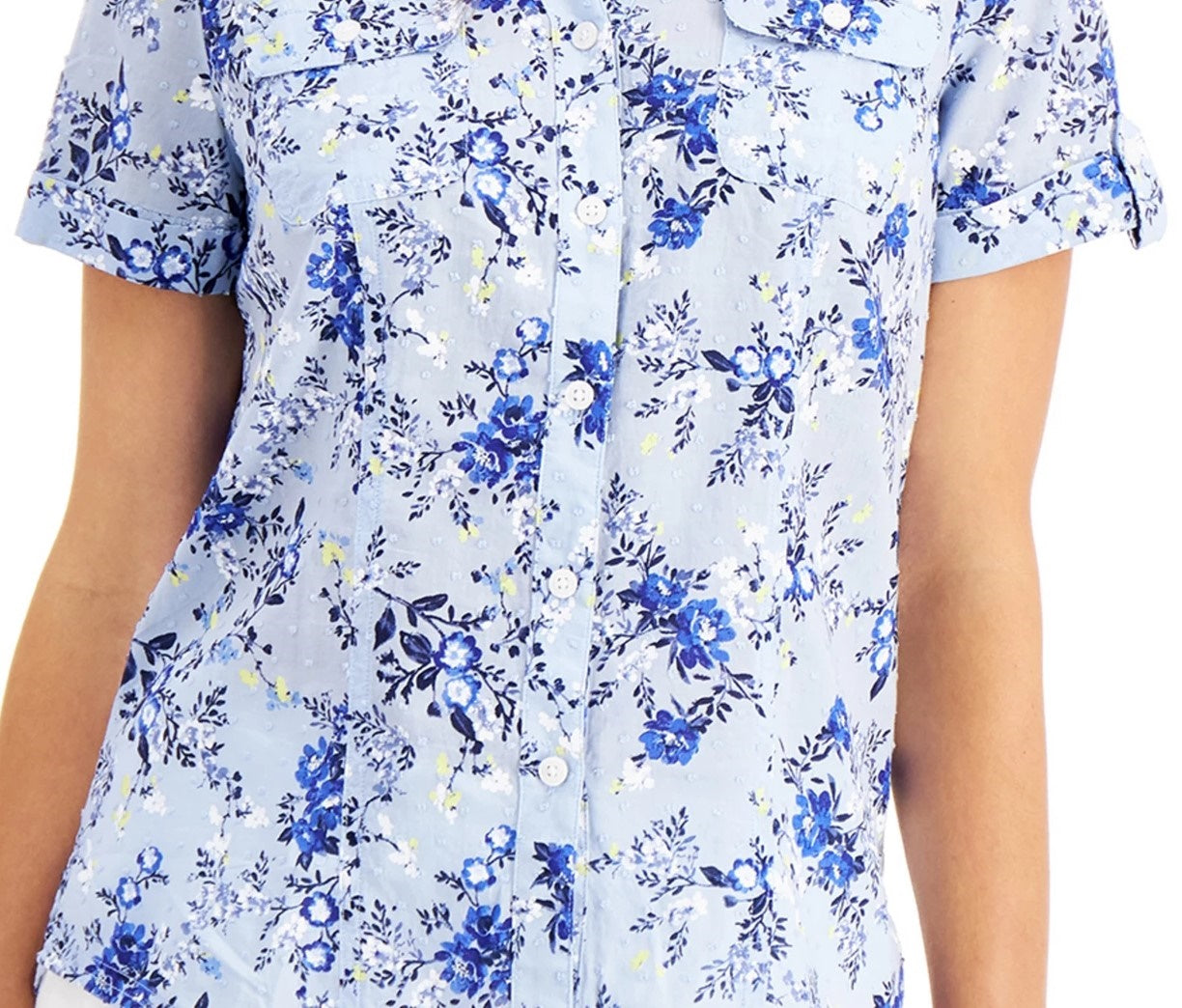 Camisa feminina Karen Scott Petite Tuscan Garden de algodão azul, tamanho pequeno