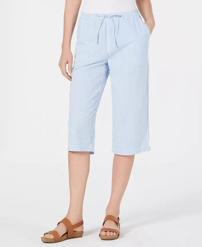 Calça Capri Karen Scott Feminina de Algodão Seersucker Azul Tamanho P