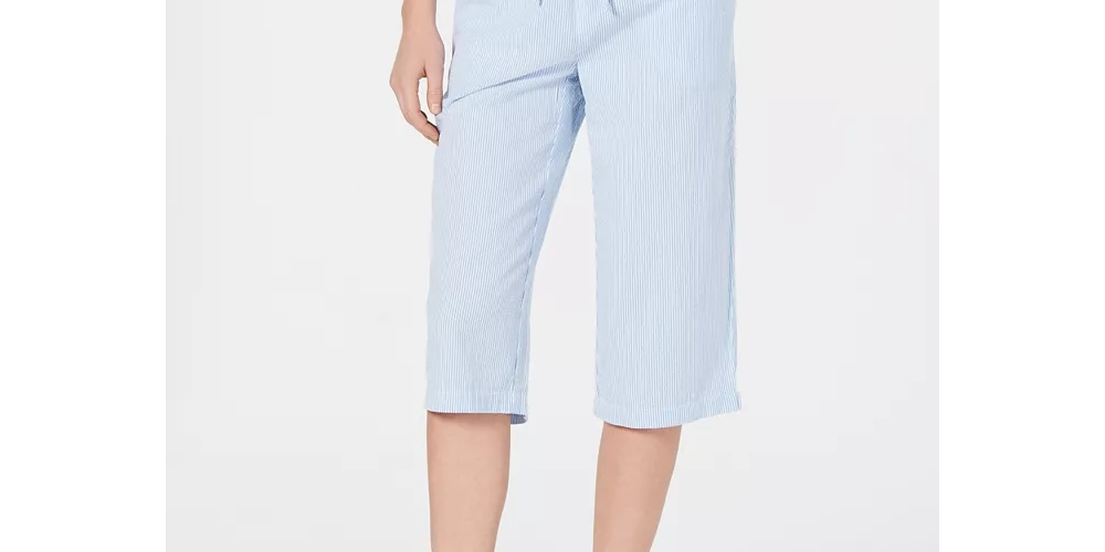 Calça Capri Karen Scott Feminina de Algodão Seersucker Azul Tamanho P