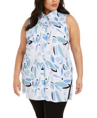 Túnica Alfani Feminina Plus Size com Estampa Frontal e Botões Azul Marinho Tamanho 1X
