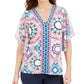 JM Collection Top estampado com tachas feminino, azul marinho, tamanho médio