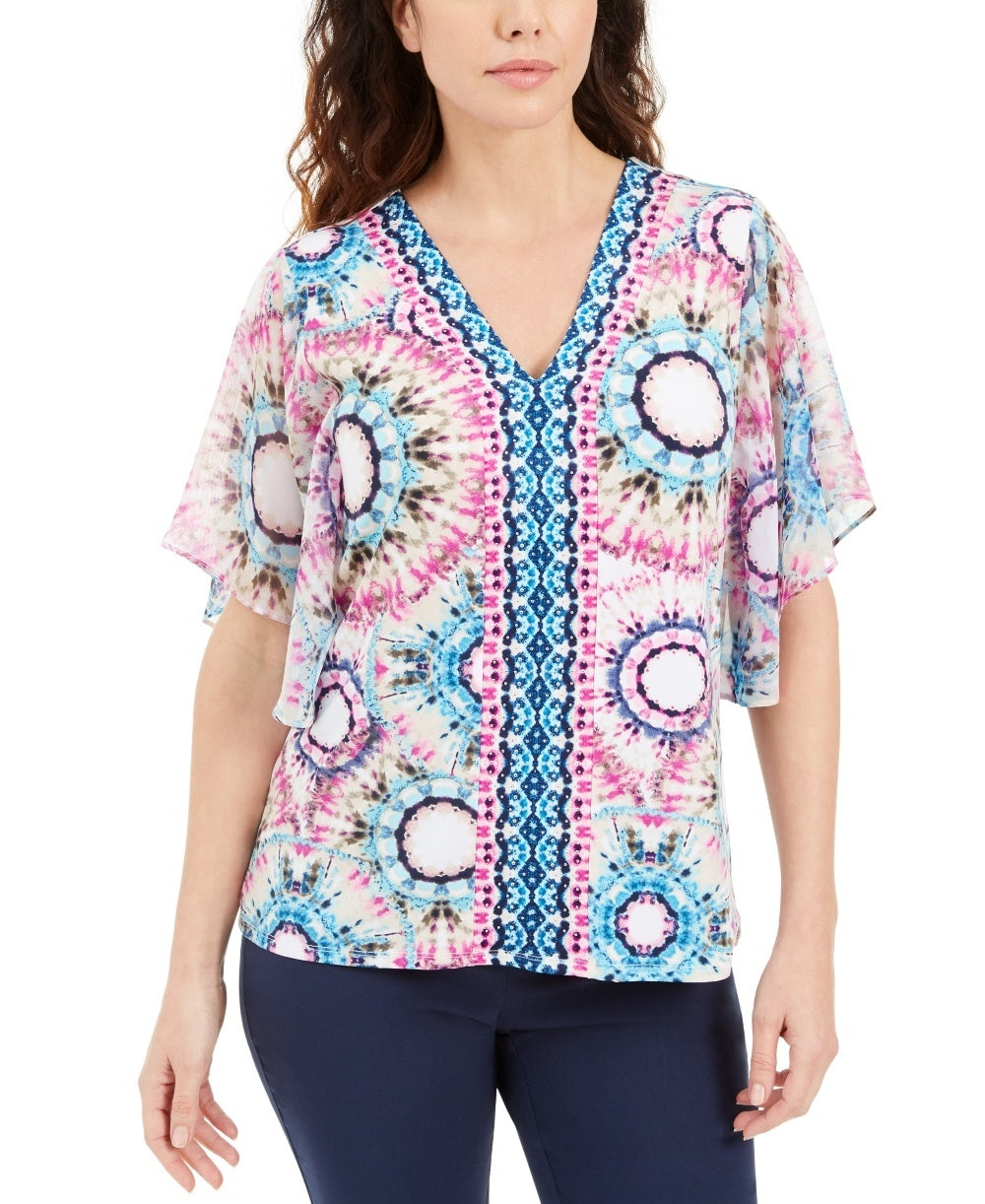 JM Collection Top estampado com tachas feminino, azul marinho, tamanho médio