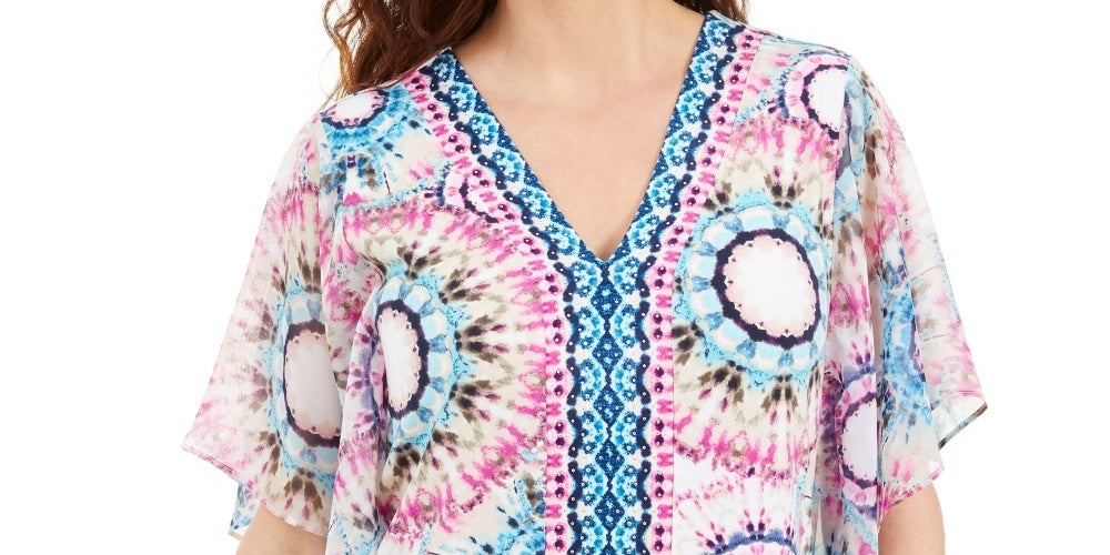 JM Collection Top estampado com tachas feminino, azul marinho, tamanho médio