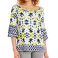 JM Collection Top feminino estampado com ilhós e ombros descobertos, tamanho médio, azul-marinho