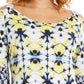 JM Collection Top feminino estampado com ilhós e ombros descobertos, tamanho médio, azul-marinho