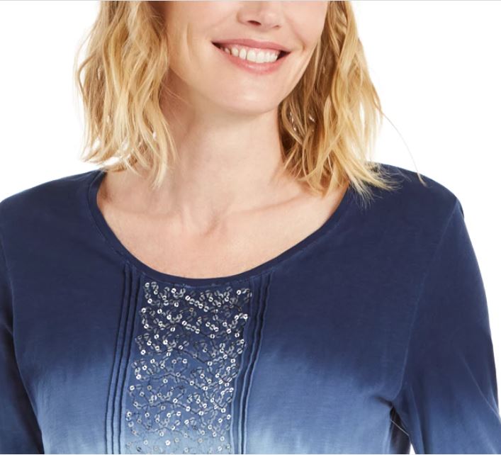 JM Collection Top Feminino com Decote Redondo e Lantejoulas Azul Tamanho Grande