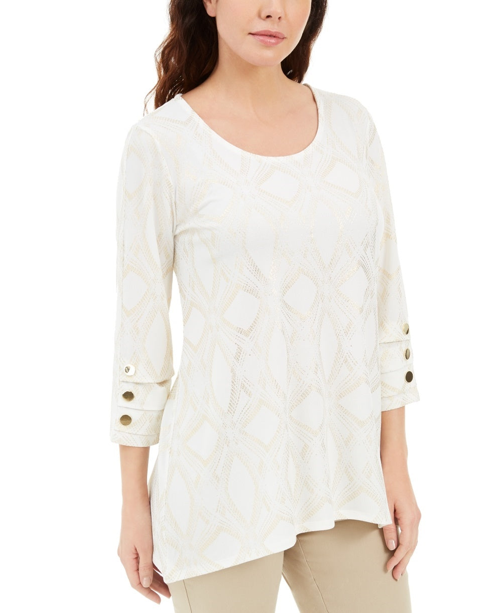 JM Collection Top feminino com estampa metálica e botões, branco, tamanho pequeno