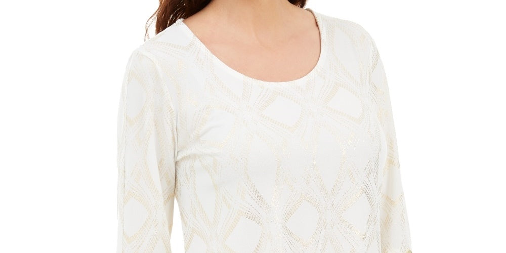 JM Collection Top feminino com estampa metálica e botões, branco, tamanho pequeno