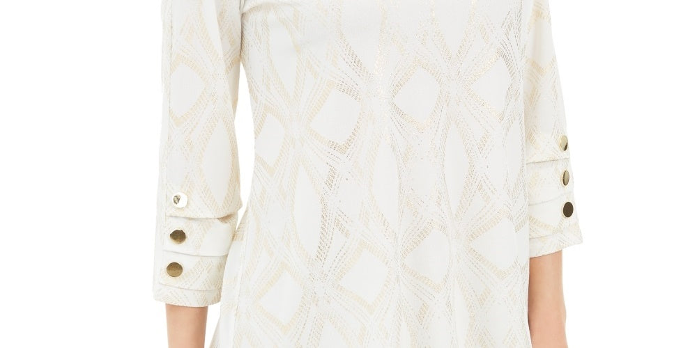 JM Collection Top feminino com estampa metálica e botões, branco, tamanho pequeno