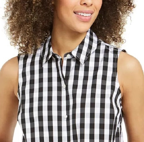 Camisa feminina com estampa xadrez e bainha amarrada, preta, tamanho 12, da Charter Club