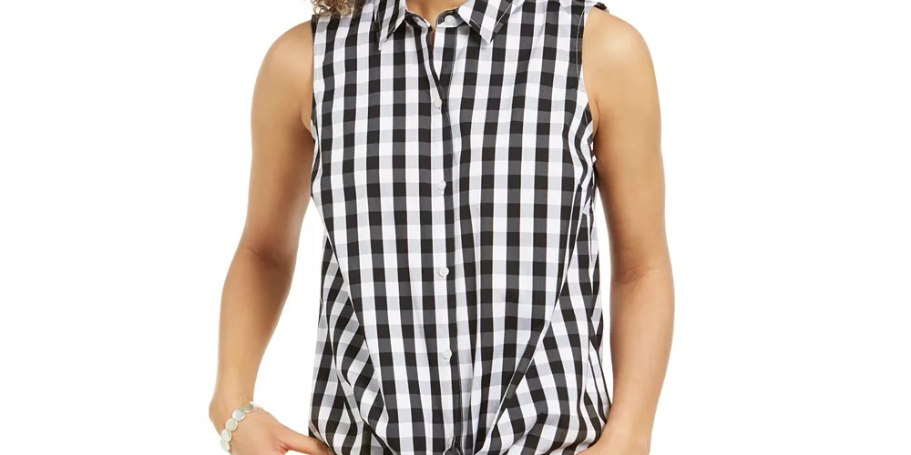 Camisa feminina com estampa xadrez e bainha amarrada, preta, tamanho 4, Charter Club