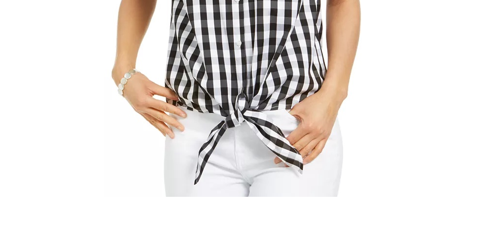 Camisa feminina com estampa xadrez e bainha amarrada, preta, tamanho 4, Charter Club