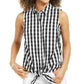 Camisa feminina Charter Club com botões xadrez e bainha amarrada, preta, tamanho 8