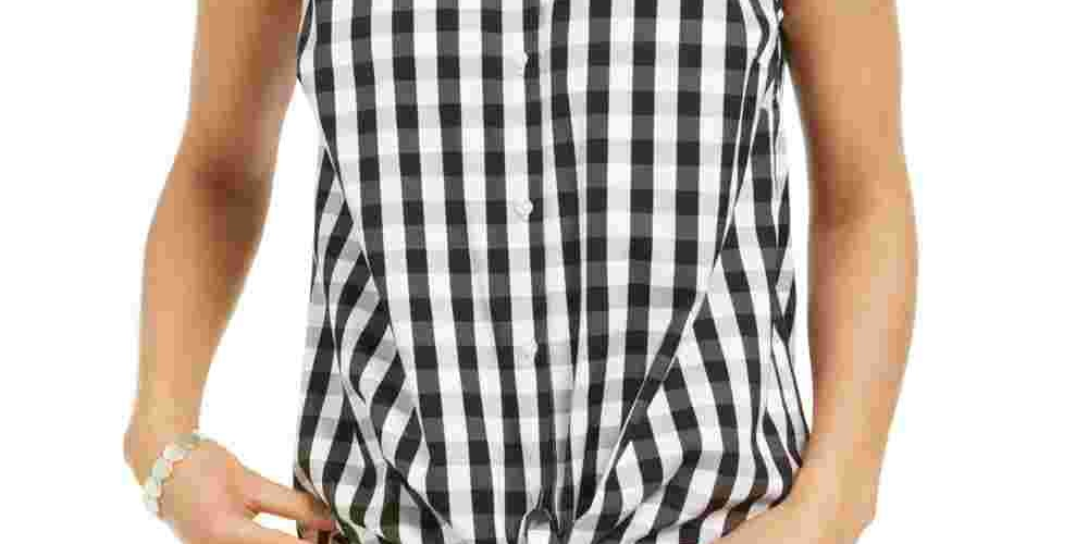 Camisa feminina Charter Club com botões xadrez e bainha amarrada, preta, tamanho 8