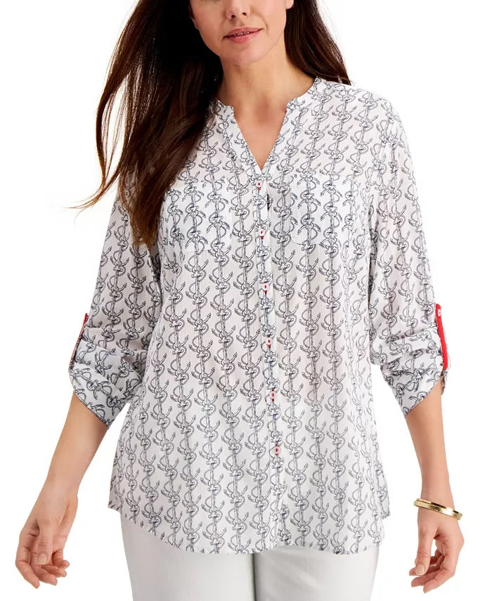 Camisa feminina com estampa de âncora Charter Club, branca, tamanho pequeno