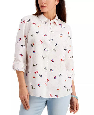 Charter Club Women's Linen Nautical-Print Blouse White Size X-Large