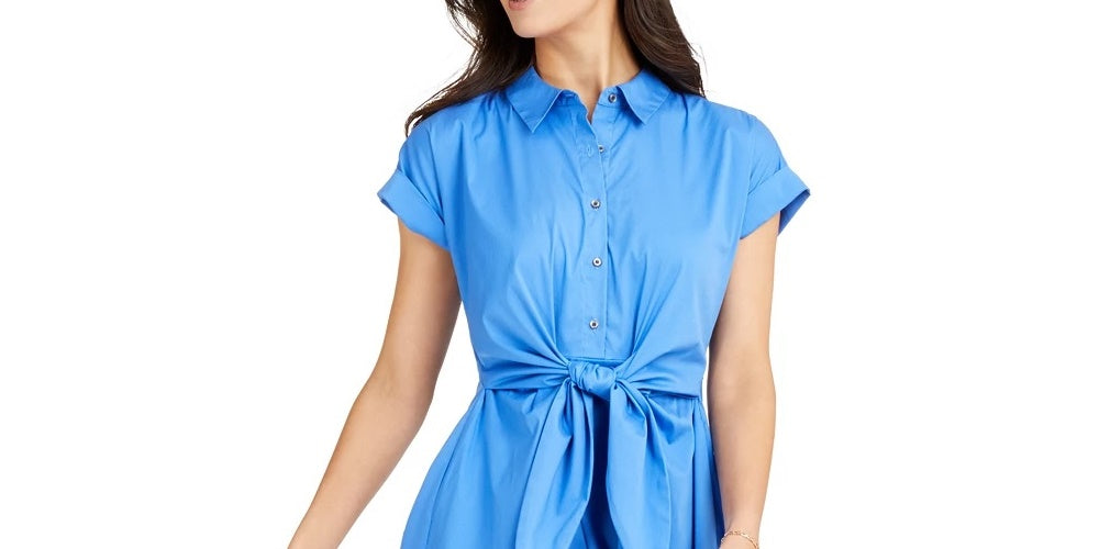 Vestido feminino Charter Club de algodão com amarração na cintura e ajuste evasê, azul, tamanho 10