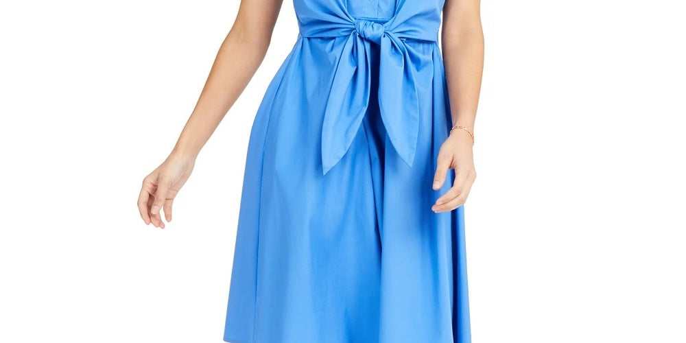 Vestido feminino Charter Club de algodão com amarração na cintura e ajuste evasê, azul, tamanho 10