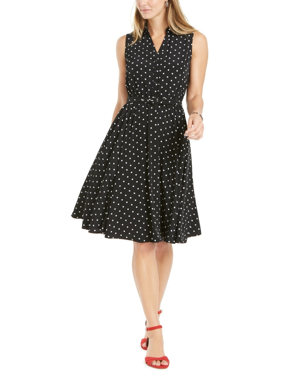 Vestido-camisa feminino com estampa de bolinhas e cinto, preto, tamanho 16
