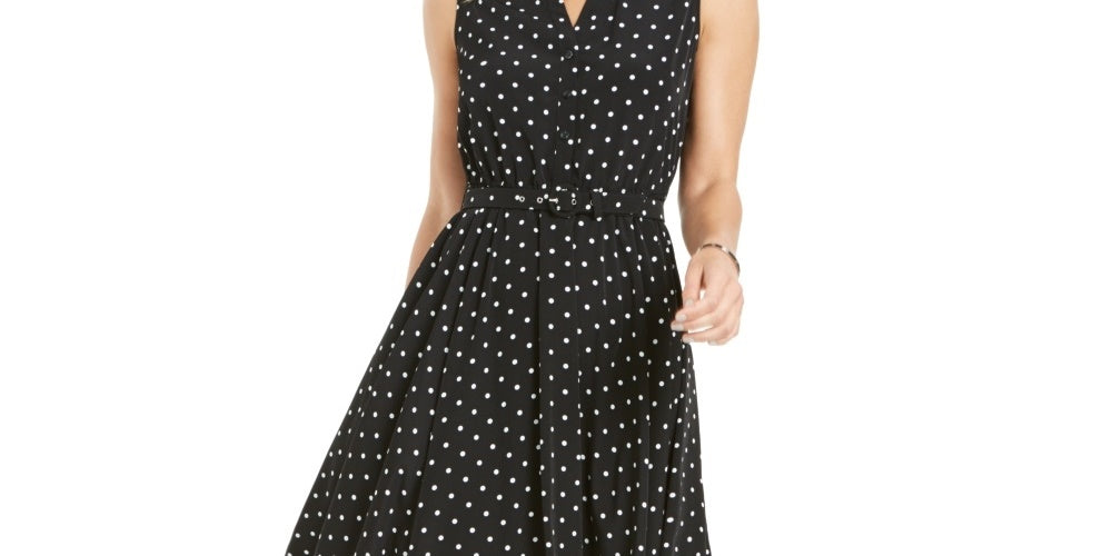 Vestido-camisa feminino com estampa de bolinhas e cinto, preto, tamanho 16