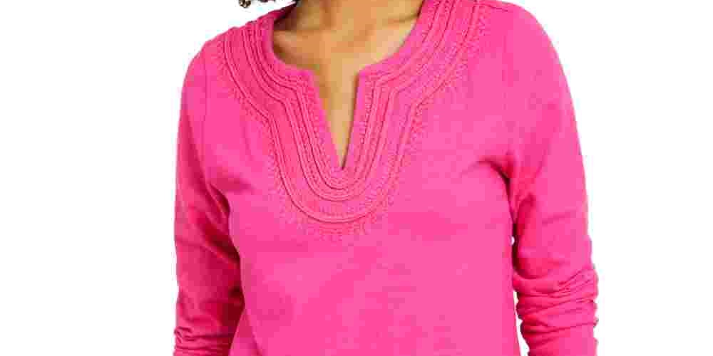 Camiseta feminina bordada de algodão Charter Club, rosa, tamanho pequeno