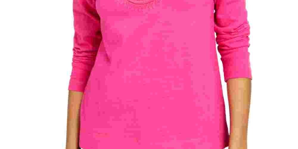 Camiseta feminina bordada de algodão Charter Club, rosa, tamanho pequeno