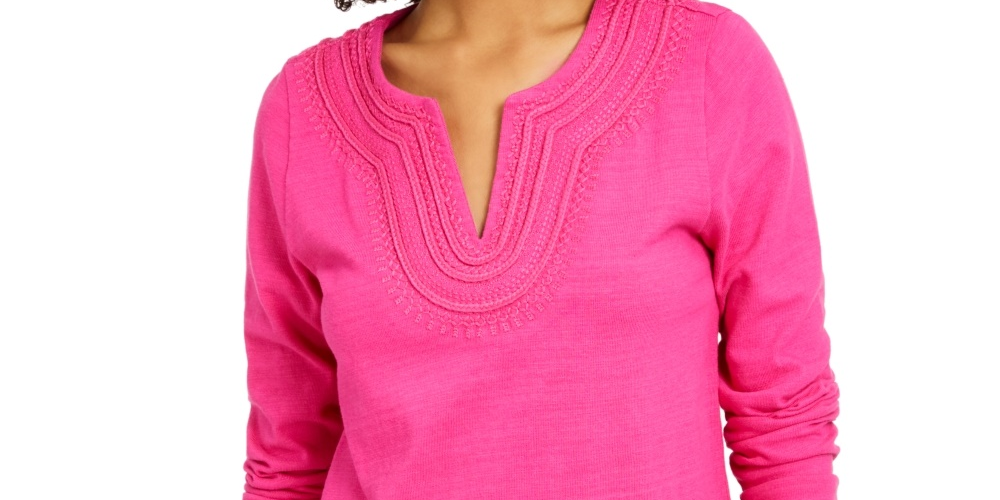 Camiseta feminina bordada de algodão Charter Club, rosa, tamanho X-Large