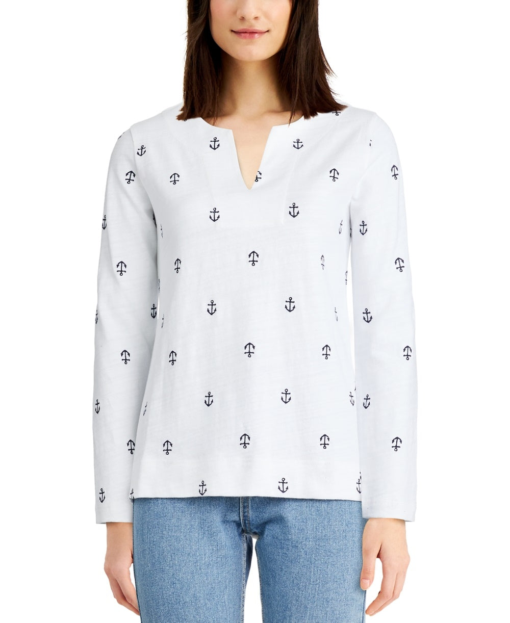 Camiseta feminina Charter Club de algodão bordada com âncora, branca, tamanho X-G