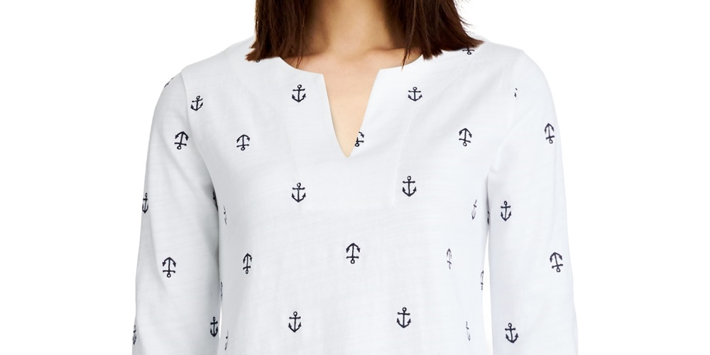 Camiseta feminina Charter Club de algodão bordada com âncora, branca, tamanho X-G
