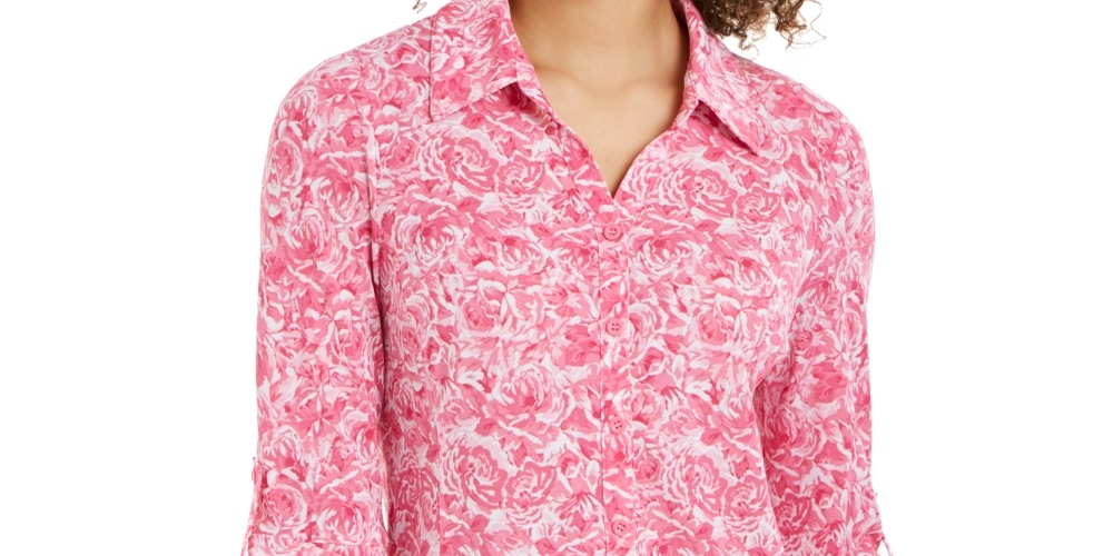 Blusa feminina estampada com botões frontais Charter Club, rosa, tamanho extragrande
