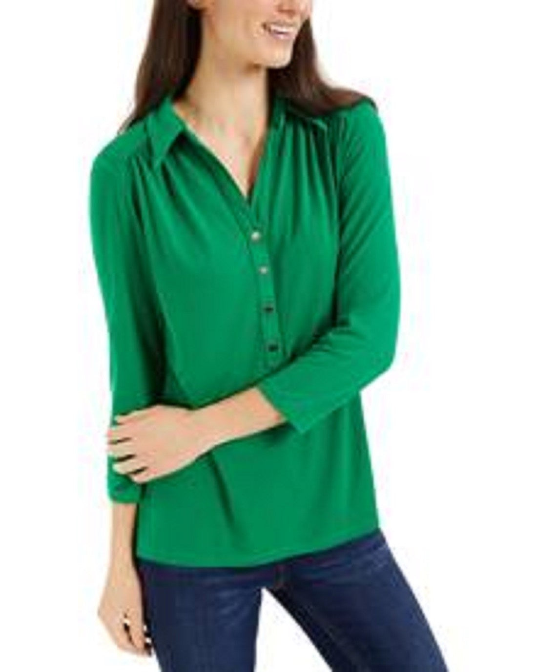 Camisa polo feminina Charter Club com estampa de manga 3/4, verde brilhante, tamanho médio