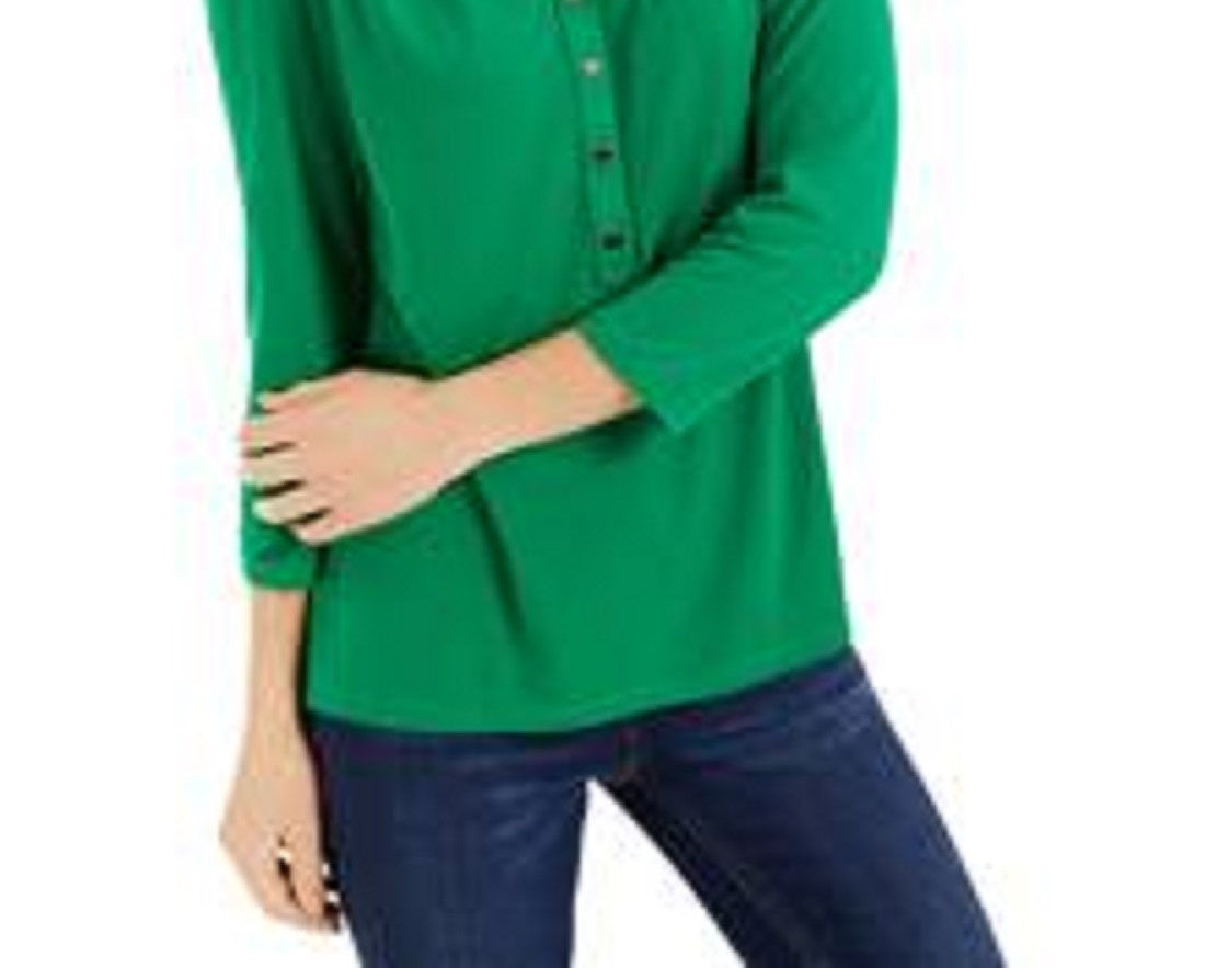 Camisa polo feminina Charter Club com estampa de manga 3/4, verde brilhante, tamanho médio