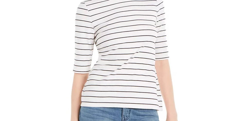 Blusa feminina listrada com gola falsa, tamanho extragrande, branca, Charter Club