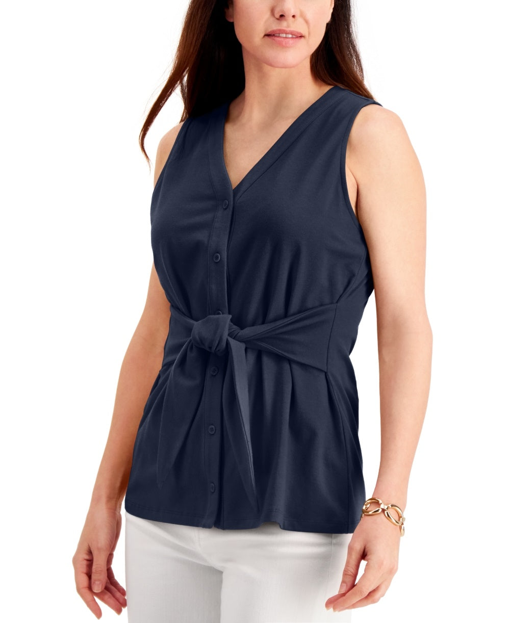Blusa feminina sem mangas com amarração frontal Charter Club, azul, tamanho XX-G
