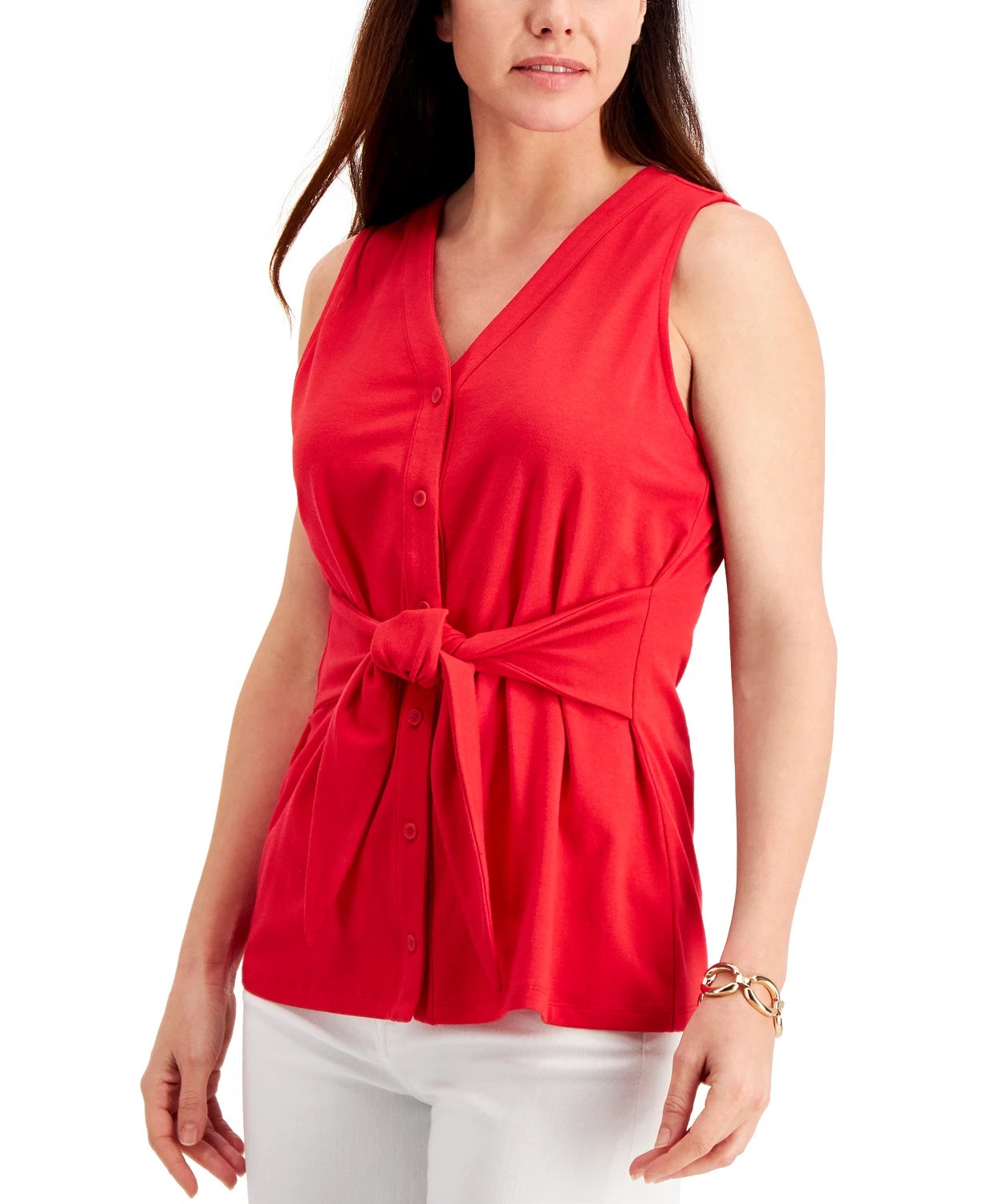 Blusa feminina sem mangas com amarração frontal Charter Club, vermelha, tamanho médio