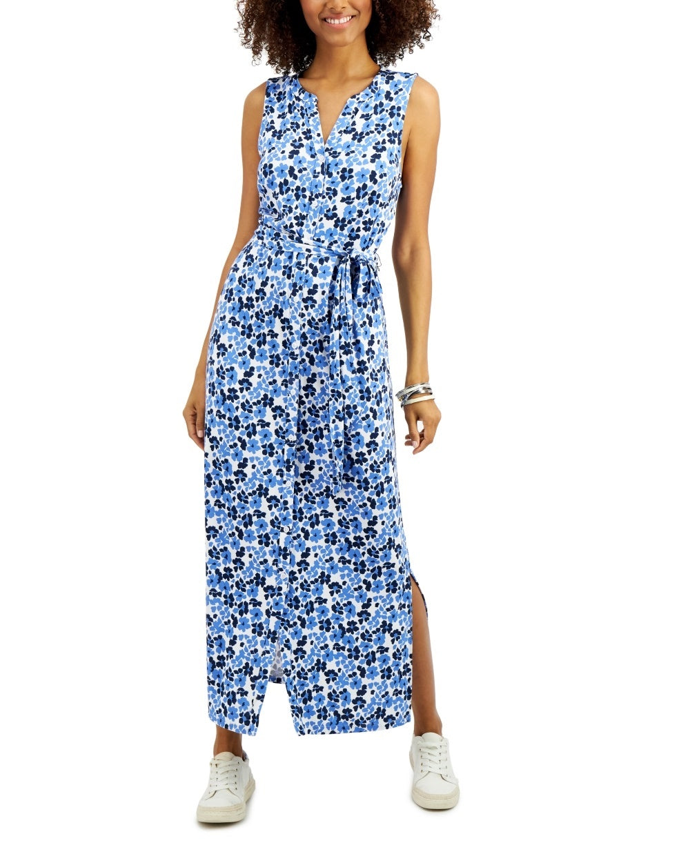 Vestido justo feminino Charter Club, pequeno, floral, com amarração na cintura, azul, tamanho pequeno