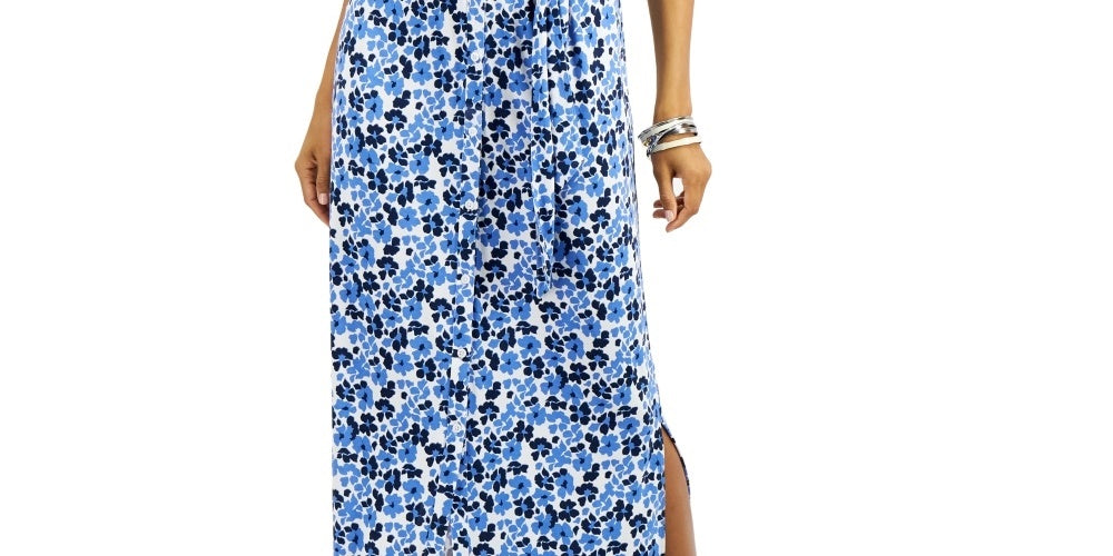 Vestido justo feminino Charter Club, pequeno, floral, com amarração na cintura, azul, tamanho pequeno