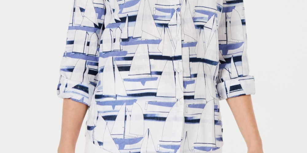 Camisa feminina com estampa de veleiro Charter Club, branca, tamanho médio