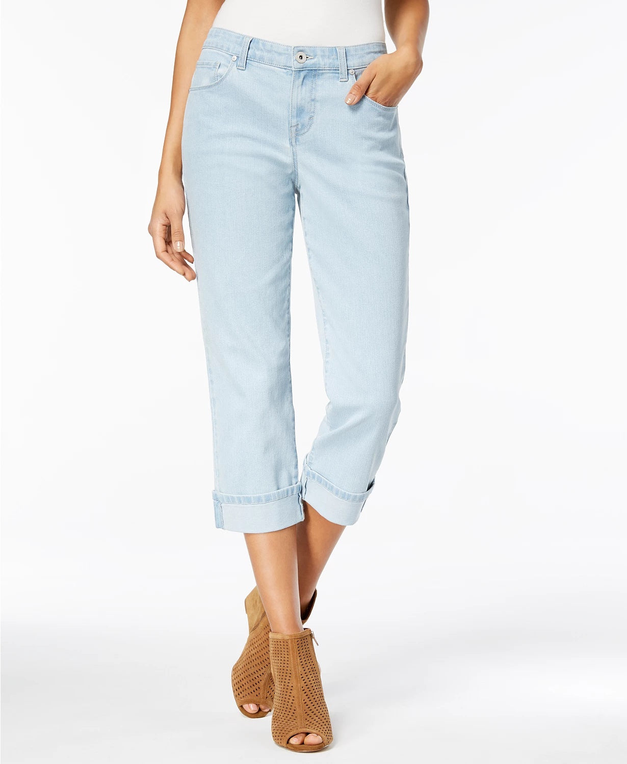 Calça jeans capri feminina estilo &amp; co, azul escuro, com punho curvo, tamanho 4