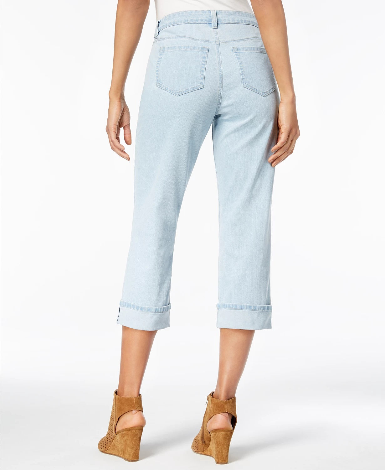 Calça jeans capri feminina estilo &amp; co, azul escuro, com punho curvo, tamanho 4
