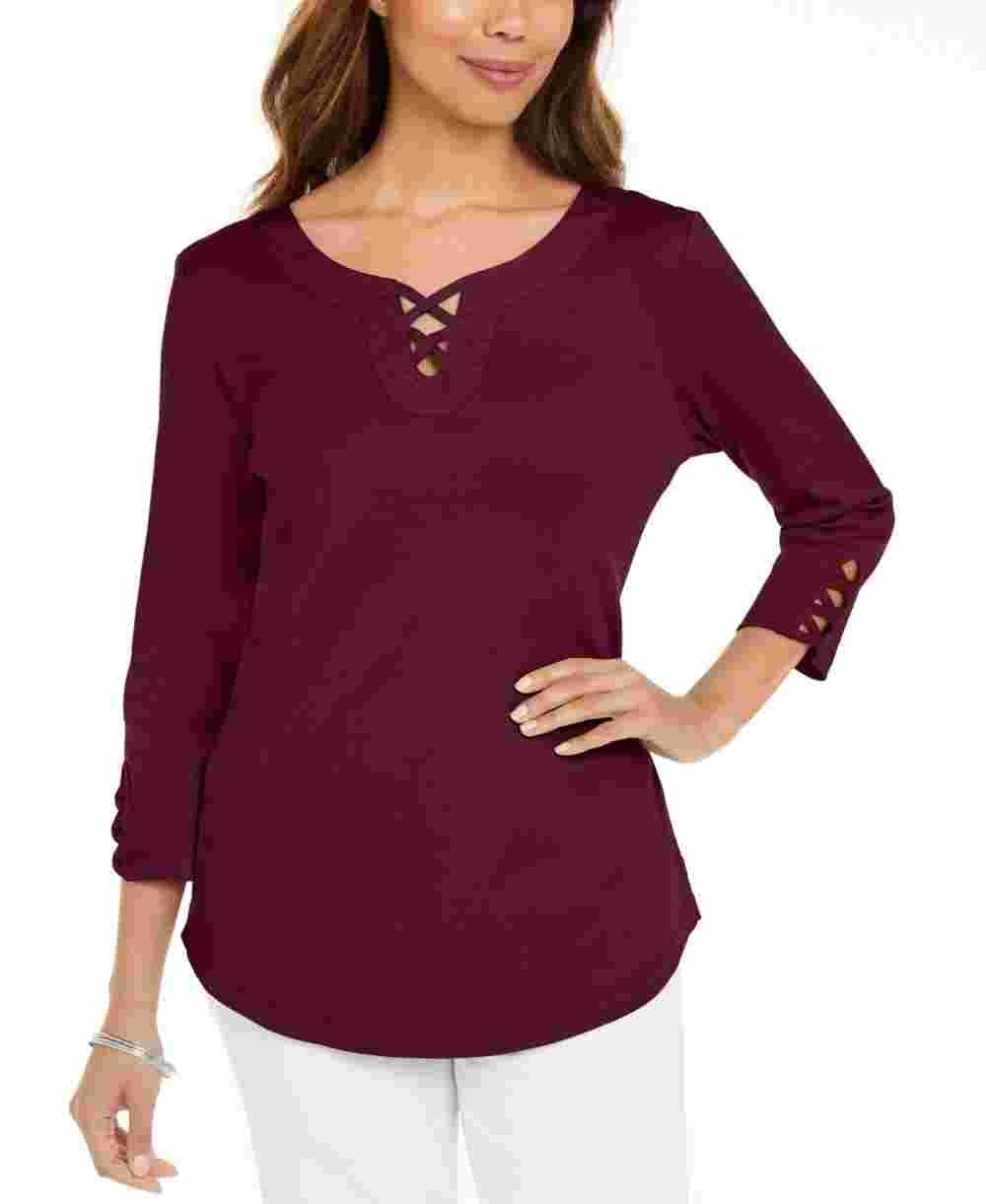 Camiseta feminina Karen Scott de algodão com cadarço, vermelha, tamanho pequeno
