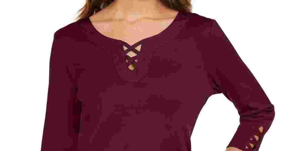 Camiseta feminina Karen Scott de algodão com cadarço, vermelha, tamanho pequeno