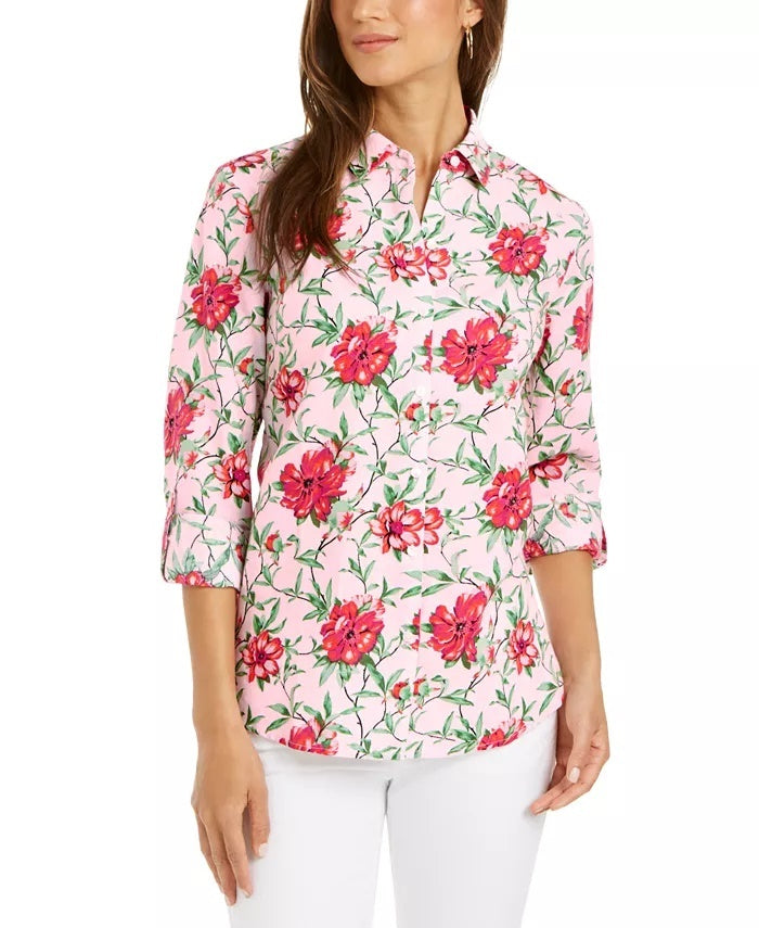 Camisa feminina Charter Club com estampa de linho misto e mangas curtas, rosa escuro, tamanho extra pequeno