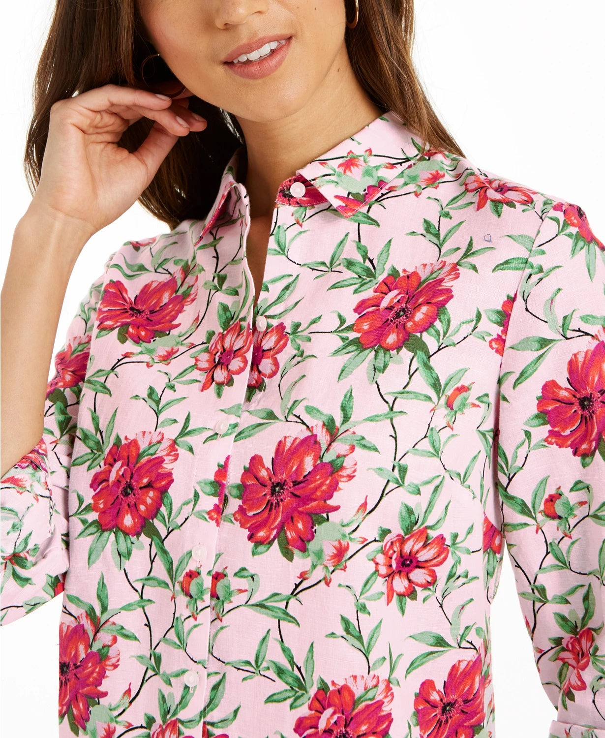 Camisa feminina Charter Club com estampa de linho misto e mangas curtas, rosa escuro, tamanho extra pequeno