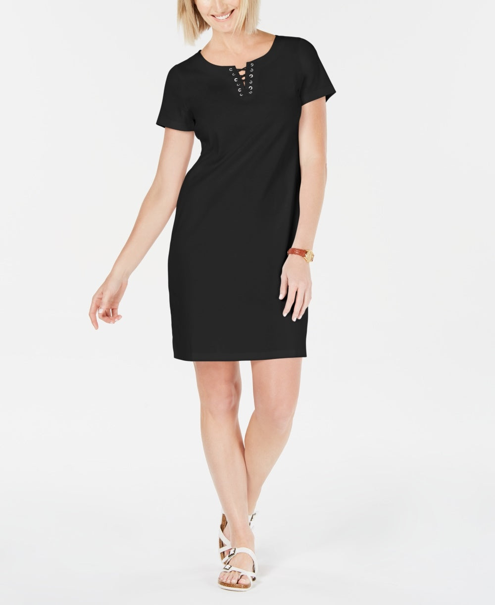 Vestido feminino Karen Scott de algodão com amarração e decote dividido, preto, tamanho pequeno