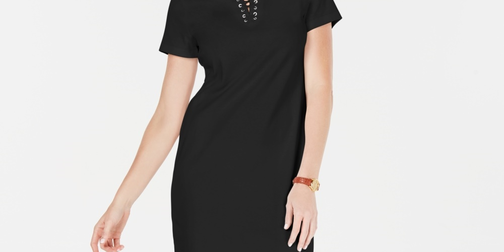 Vestido feminino Karen Scott de algodão com amarração e decote dividido, preto, tamanho pequeno