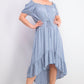 Vestido feminino estilo camponês alto e baixo, azul, tamanho médio