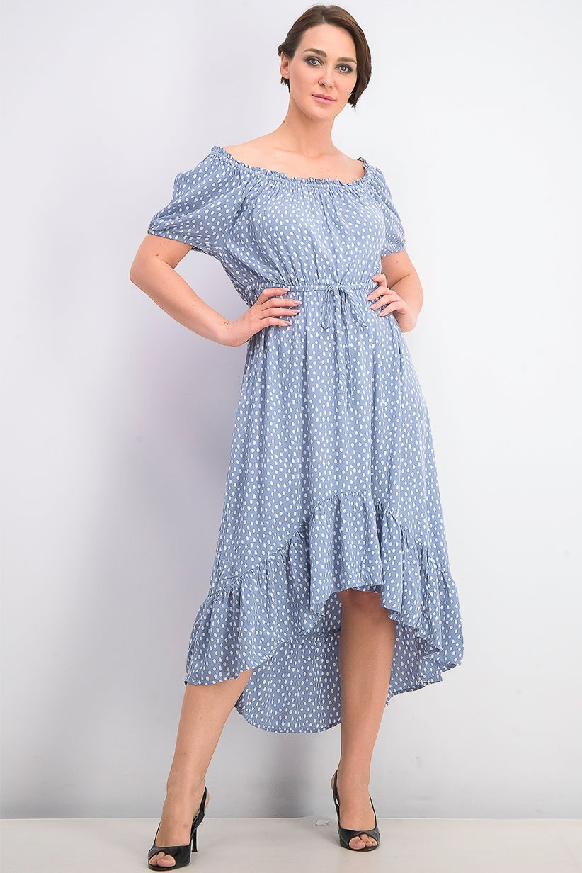 Vestido feminino estilo camponês alto e baixo, azul, tamanho médio