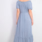 Vestido feminino estilo camponês alto e baixo, azul, tamanho médio